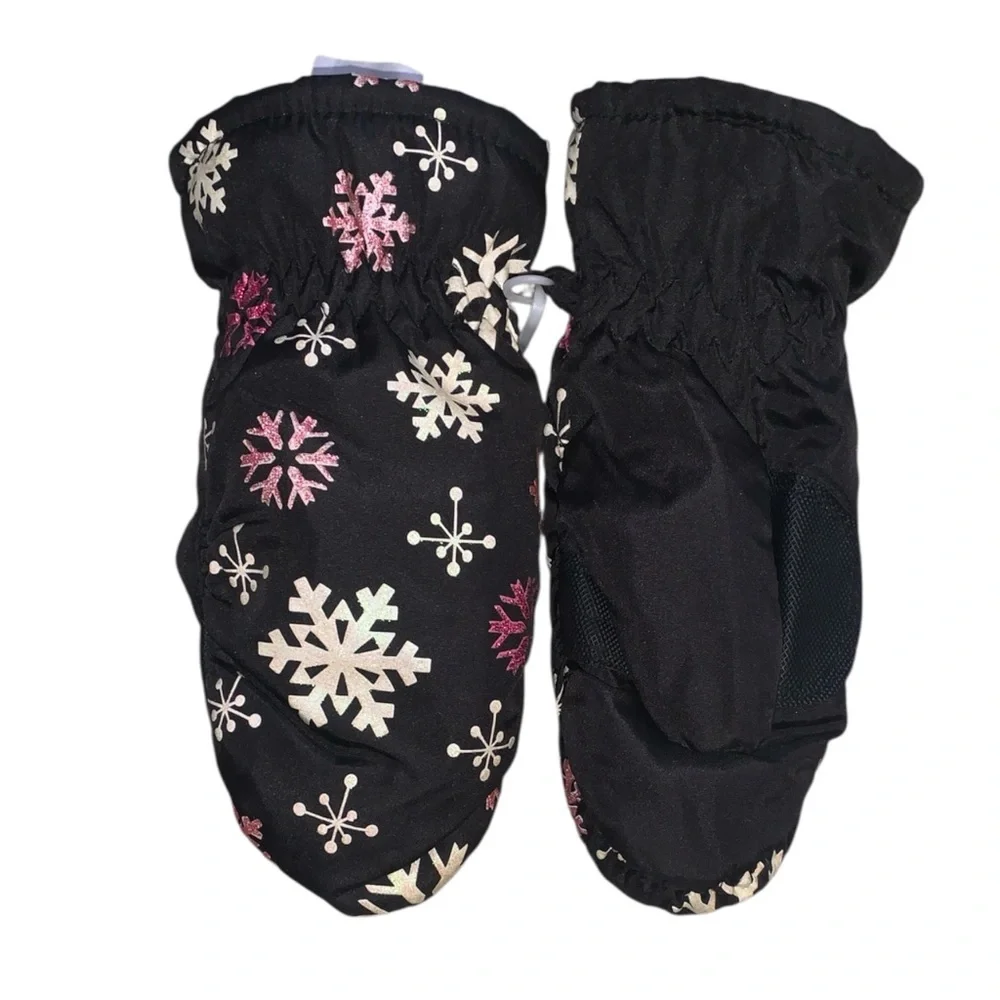 Snowflake Patterned Black Mittens Size Girls 4-6X winter